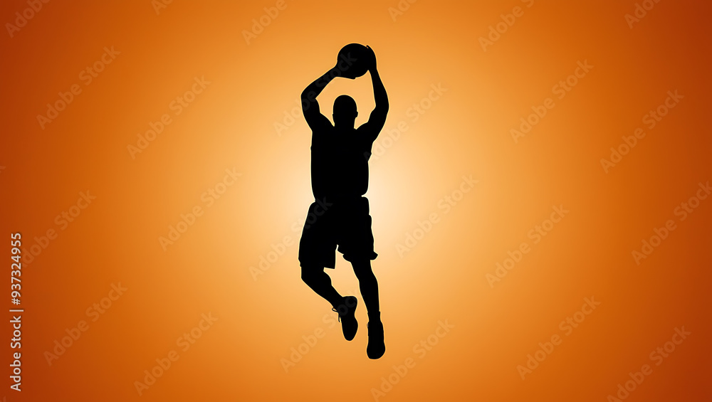 Basketball player silhouette jumping, orange background