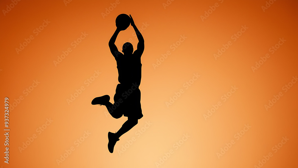 Basketball player silhouette jumping, orange background