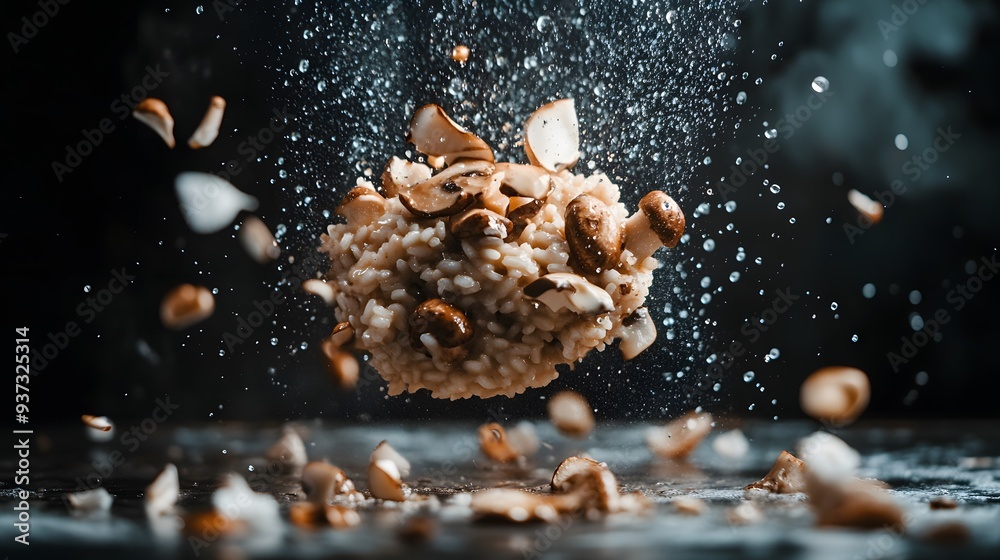 A fresh mushroom risotto half suspended in mid-air, with droplets of cream glistening on the mushrooms and rice, captured in a dynamic moment with splashes surrounding it. Set against a dark, A fresh mushroom risotto half suspended in mid-air, with droplets of cream glistening on the mushrooms and rice, captured in a dynamic moment with splashes surrounding it. Set against a dark,