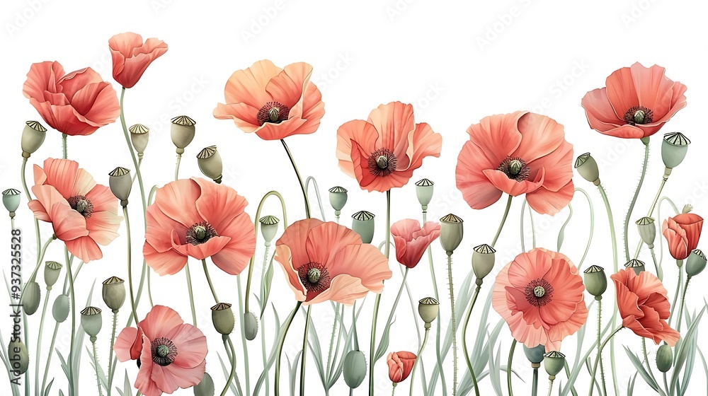 A vibrant illustration of blooming poppy flowers with green stems and buds. A vibrant illustration of blooming poppy flowers with green stems and buds.