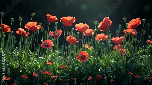 A vibrant field of red poppy flowers swaying gently in the light.