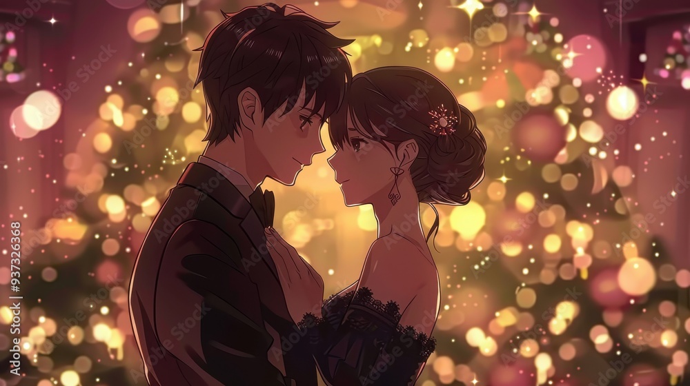 An anime couple in formal attire gazes lovingly at each other while surrounded by soft, twinkling lights during a festive gathering
