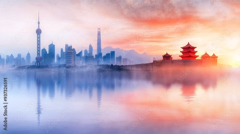 Fototapeta premium Stunning Sunrise Over Shanghai Skyline and Traditional Chinese Architecture