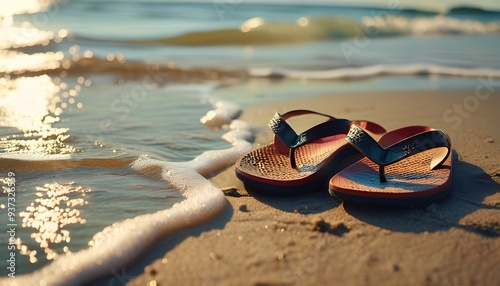 pair of flip-flops on a sandy beach photo