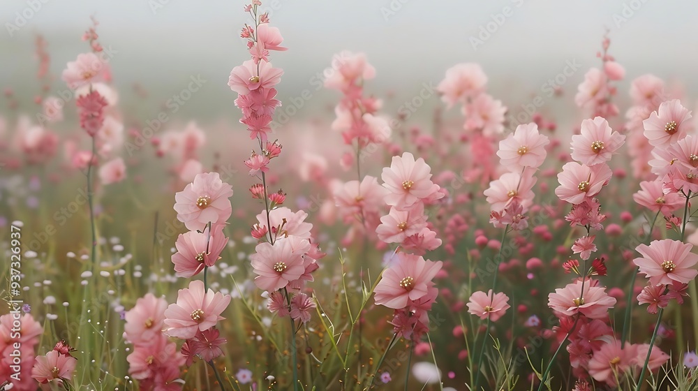 A serene field of pink flowers blooming in soft light, creating a tranquil and picturesque landscape. A serene field of pink flowers blooming in soft light, creating a tranquil and picturesque landscape.