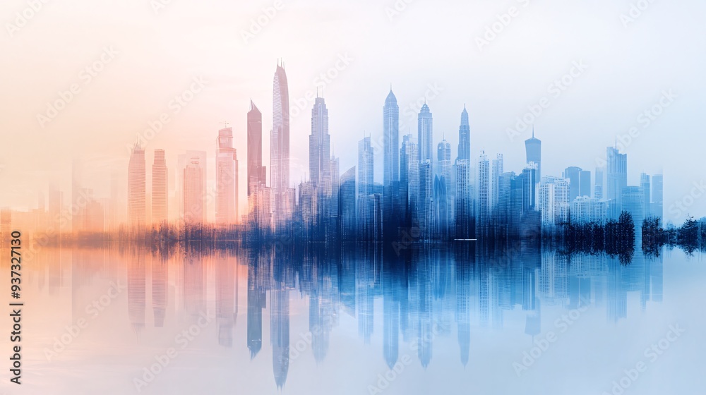 Fototapeta premium Modern City Skyline Reflected in Calm Water at Twilight with Soft Hues