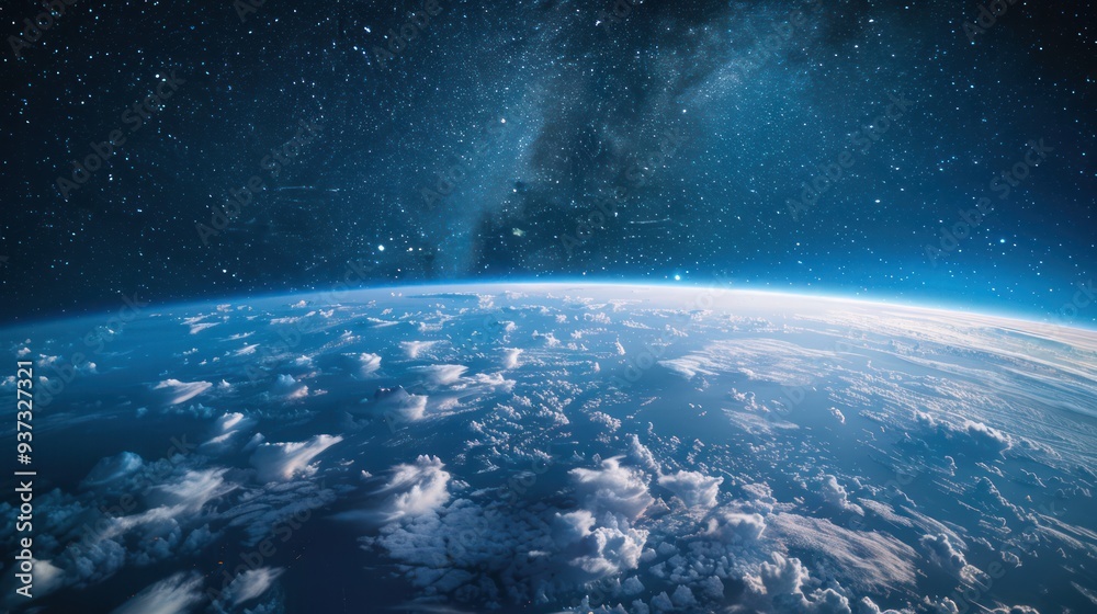 Obraz premium Earth's Horizon with Starry Sky and Clouds