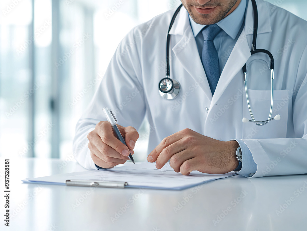 Doctor in White Coat Writing on a Clipboard at Modern Medical Office Doctor in White Coat Writing on a Clipboard at Modern Medical Office
