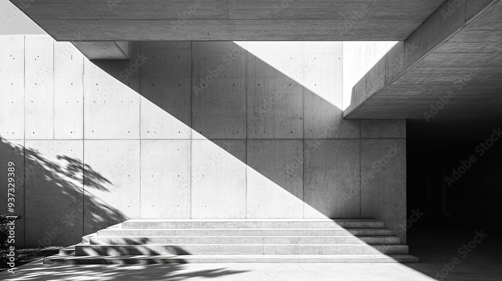 Fototapeta premium Modern house exterior with sunlight casting shadows on a cement wall surface