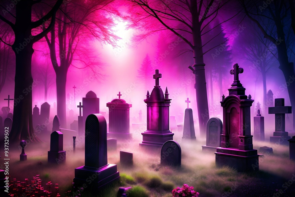 Foggy graveyard with glowing pink and purple lights Foggy graveyard with glowing pink and purple lights