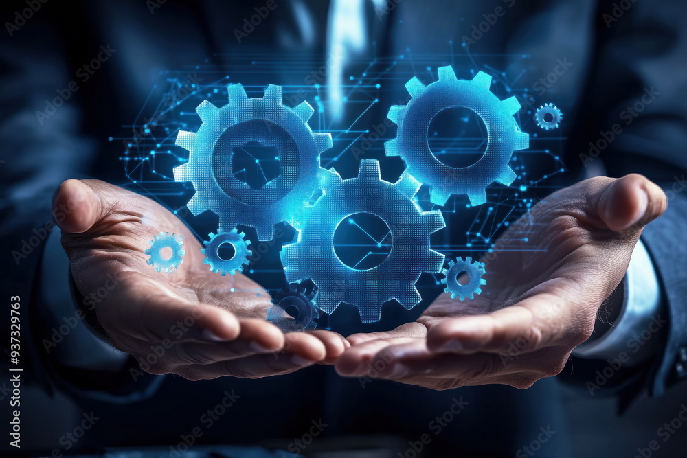 Businessman holding floating digital gears, symbolizing technology and innovation Businessman holding floating digital gears, symbolizing technology and innovation