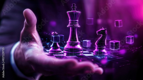 Digital chess pieces in a businessman's hand symbolizing strategy and decision-making