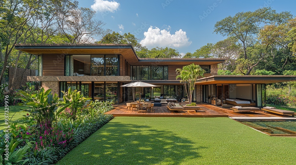 Modern tropical house with lush garden and patio area Modern tropical house with lush garden and patio area