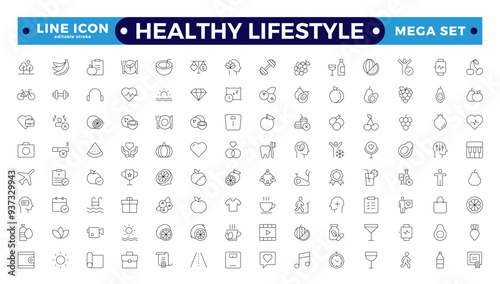 Healthy Lifestyle icon set with nutrition, exercise, sleep, stress management, hydration, mental, mindfulness, and yoga. Healthy Lifestyle outline icon set. Editable stroke outline icon. 
