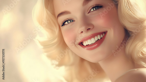 A retro-inspired image of a blonde woman with a charming smile, reminiscent of 1950s pin-up girls photo