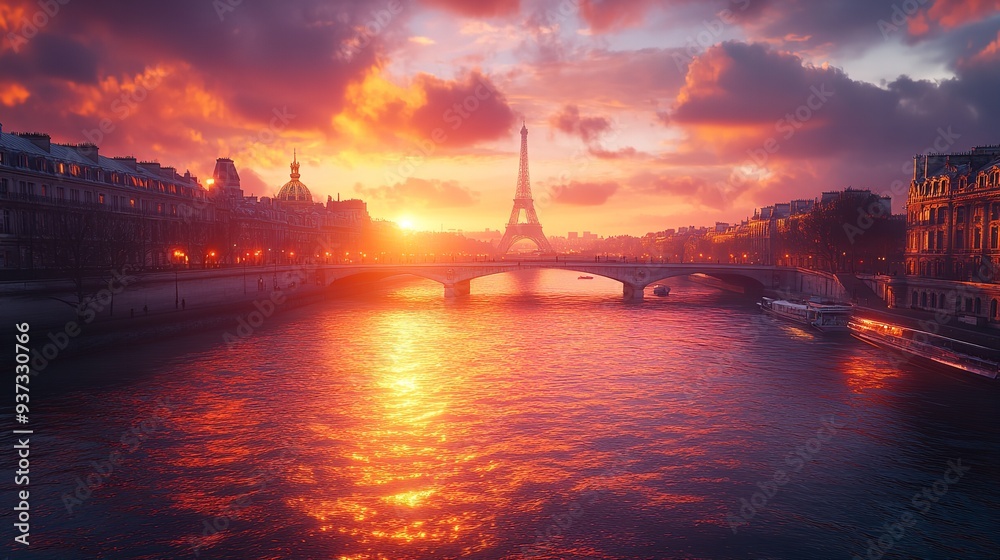Eiffel Tower beautifully framed by autumn at sunset, showcasing the romance of Paris. Eiffel Tower beautifully framed by autumn at sunset, showcasing the romance of Paris.