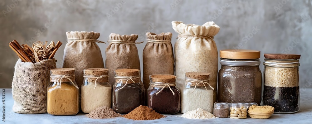 Still Life Photo of Various Spices and Grains in Glass Jars and Burlap Sacks