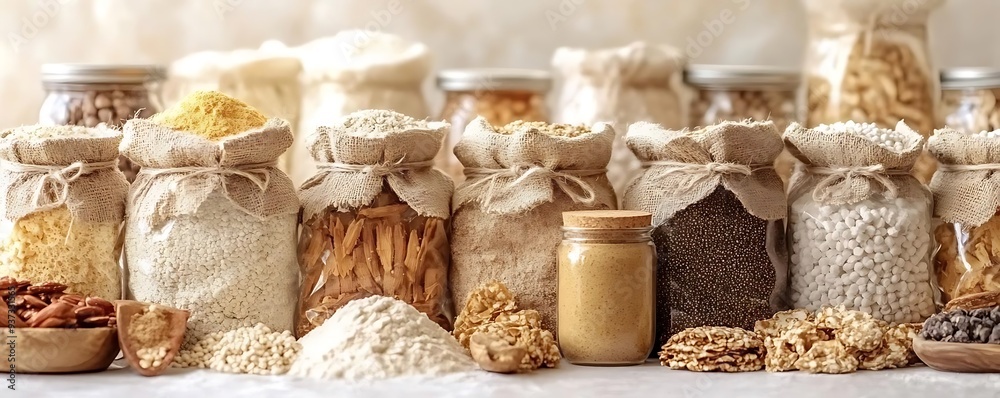 Variety of Grains and Flours in Jars and Bags - Rustic Kitchen Still Life Photography Variety of Grains and Flours in Jars and Bags - Rustic Kitchen Still Life Photography