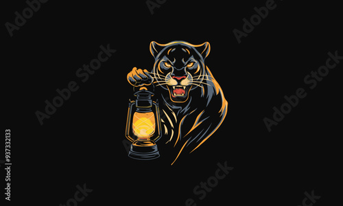 panther roar holding lantern vector illustration artwork design