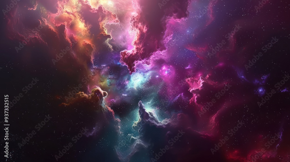 Cosmic Nebula with Pink, Yellow, and Blue Clouds Cosmic Nebula with Pink, Yellow, and Blue Clouds