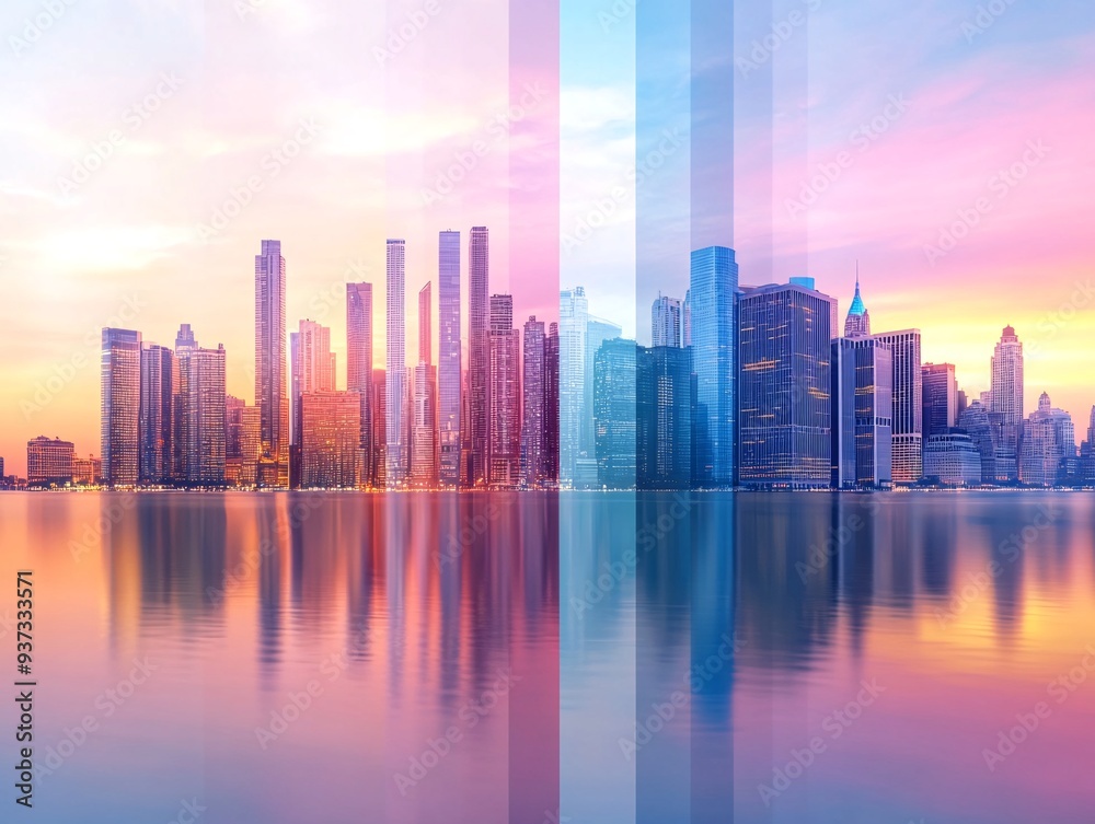 Obraz premium Colorful Gradient Skyline of Modern Urban City Reflecting in Waterfront at Sunset