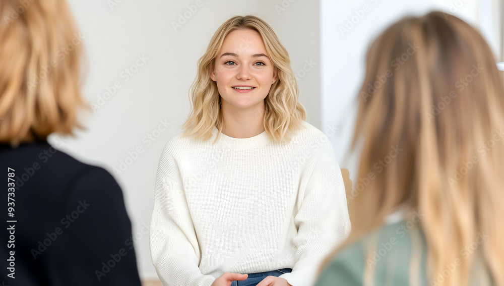 Young Woman Engaged in a Conversation During a Group Meeting at Home Young Woman Engaged in a Conversation During a Group Meeting at Home