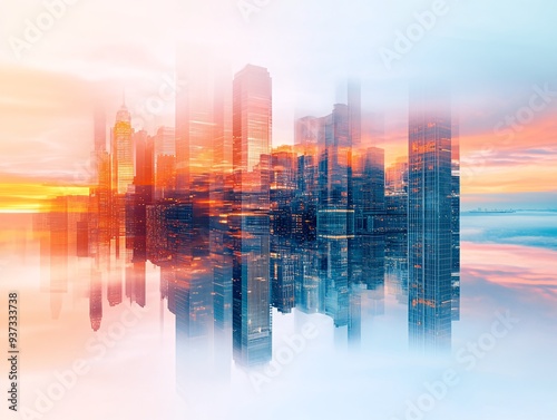 Abstract Cityscape with Skyscrapers Reflecting on Glass During Sunset