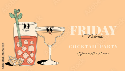 Retro Groovy Party Invitation. Funky cocktail characters bloody mary and daiquiri. Vintage Friday vibes. Summer vector horizontal banner