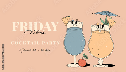 Retro Groovy Party Invitation. Funky cocktail characters pina colada and blue lagoon. Vintage Friday vibes. Summer vector horizontal banner