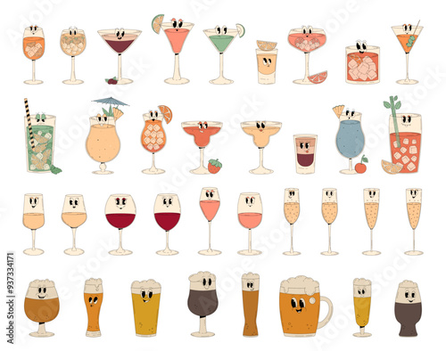 A big set of alcoholic groovy characters. Summer cocktails, wine, champagne, beer with cute smile faces. Retro vector illustration 70s, 80s