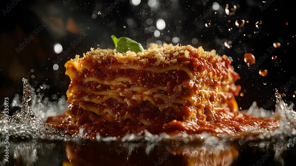 Fototapeta premium A fresh lasagna half suspended in mid-air, with droplets of marinara sauce and cheese glistening on the layers, captured in a dynamic moment with splashes surrounding it. Set against a dark, textured