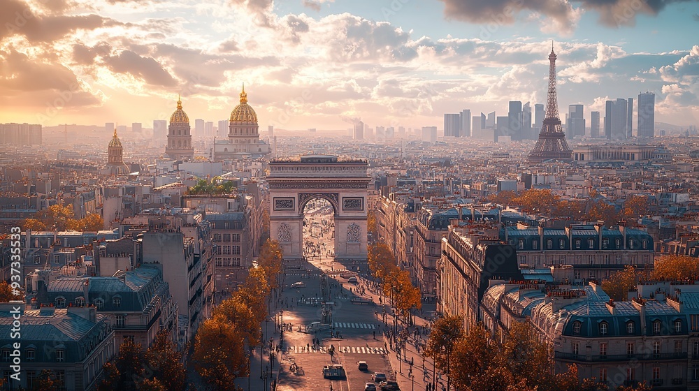 Obraz premium World landmarks travel illustration - Eiffel tower, Big Ben, Liberty statue, USA, Europe, France