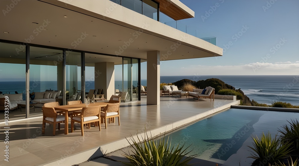 Woman in dress walking on sunny, modern, luxury home showcase exterior patio with ocean view. generative.ai Woman in dress walking on sunny, modern, luxury home showcase exterior patio with ocean view. generative.ai