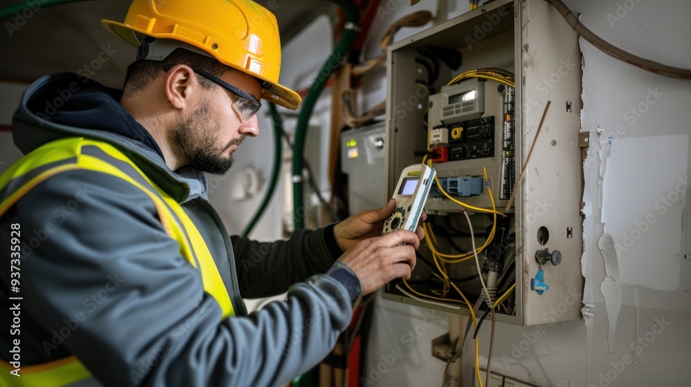 electrician checking electrical box with multimeter electrician checking electrical box with multimeter