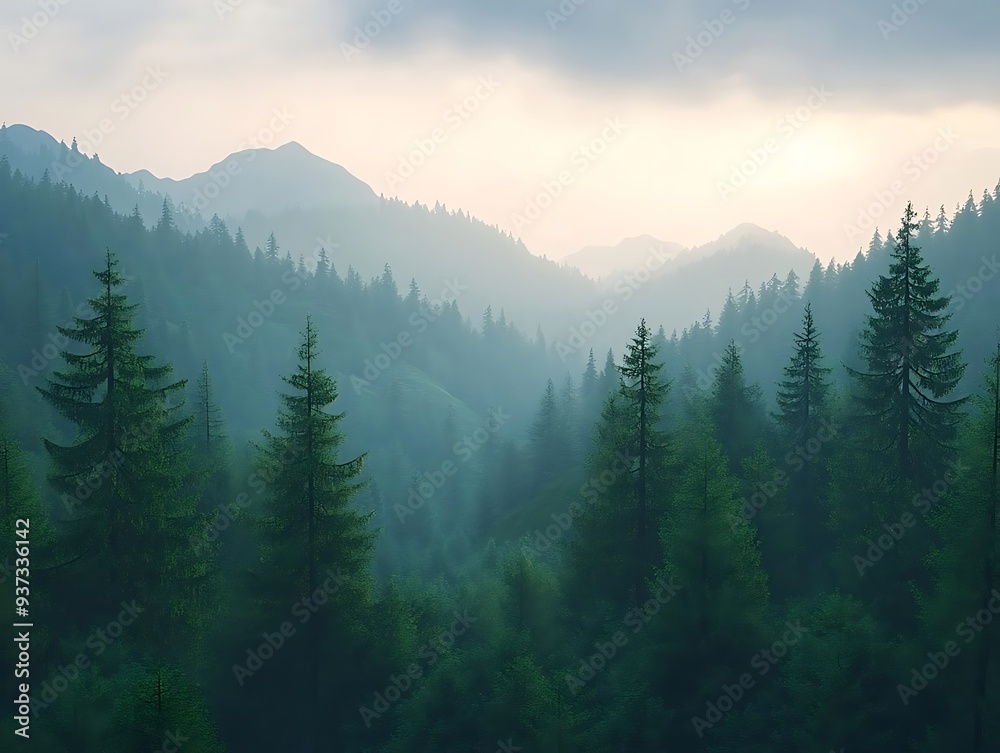 Misty Forest Landscape with Mountain Range in the Background - 3D Illustration Misty Forest Landscape with Mountain Range in the Background - 3D Illustration