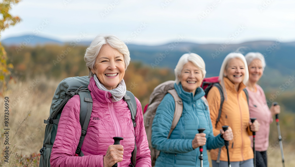 Senior Women Enjoying a Group Hiking Adventure in the Countryside Senior Women Enjoying a Group Hiking Adventure in the Countryside