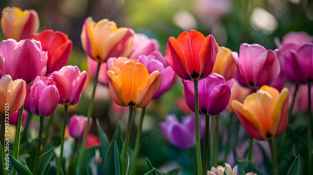 A photograph of vibrant tulips in full bloom with space on the side for text capturing the colorful and seasonal beauty of springtime A photograph of vibrant tulips in full bloom with space on the side for text capturing the colorful and seasonal beauty of springtime