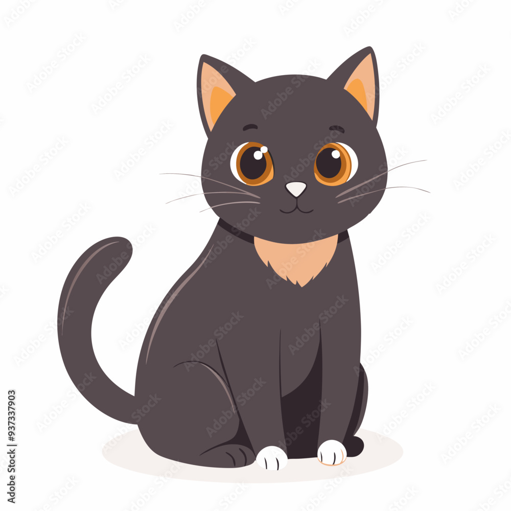 Curious black cartoon cat with orange highlights sitting and looking adorable on white background
