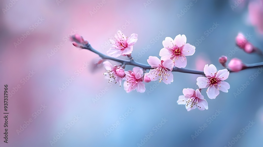Delicate and fragrant cherry blossoms adorning a tree branch in full bloom with a soft blurred background providing ample copyspace for visual design elements or text overlay Delicate and fragrant cherry blossoms adorning a tree branch in full bloom with a soft blurred background providing ample copyspace for visual design elements or text overlay