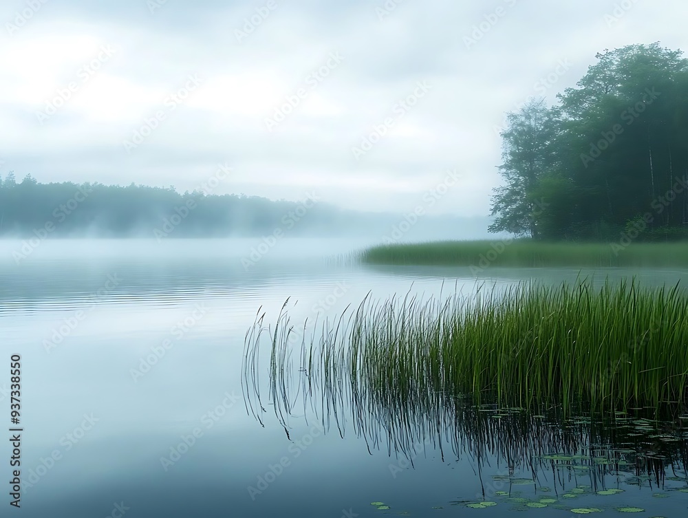 Fototapeta premium Misty Lake Landscape Photography with Tall Green Grass and Reflected Trees