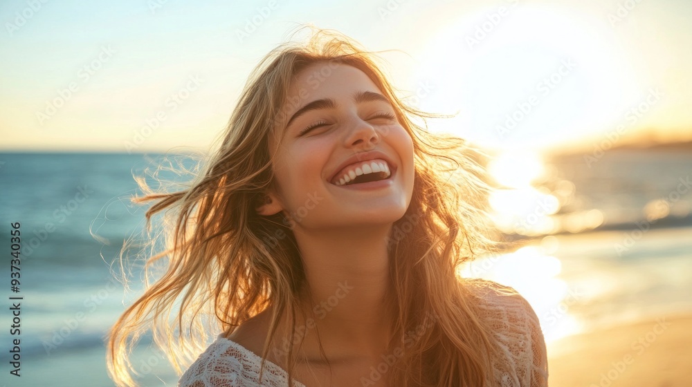 Smiling Woman on Beach Sunset Smiling Woman on Beach Sunset