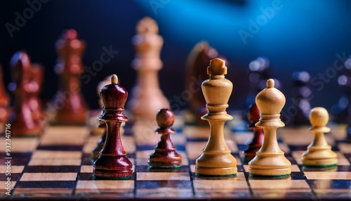 Wooden chess pieces on a chessboard; selective focus; blurred background