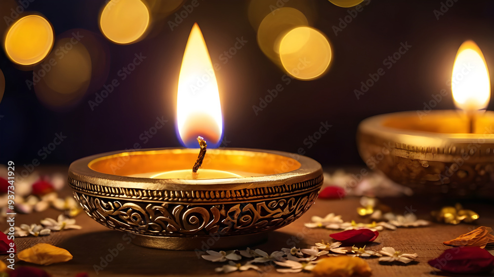 Diwali lamp element. Diwali Celebration Lighting a Sparkler Alongside Traditional Diya Oil Lamp.