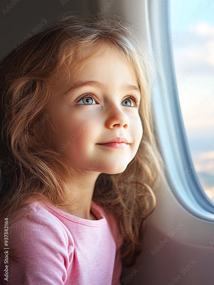 Young Girl Looking Out Airplane Window, Experiencing Joy of Flig Young Girl Looking Out Airplane Window, Experiencing Joy of Flig