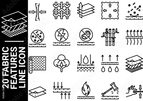 20 fabric features line icon, black and white