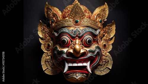 Indonesian Balinese mask called Barong; Balinese masks symbolize the spirits from the ancestral world; scary and terrifying Balinese mask; spiritual and traditional mask in Bali Indonesia