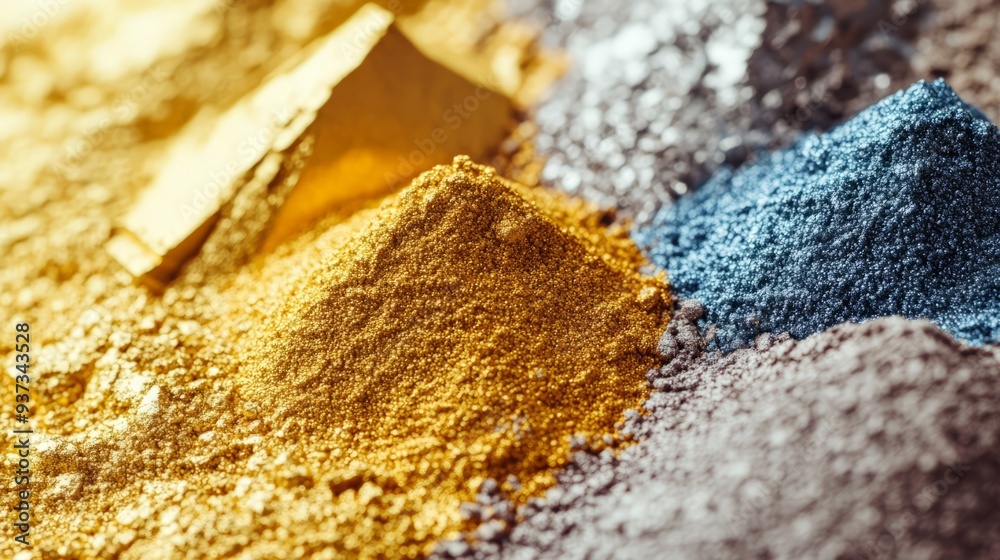 Fototapeta premium Golden Sands: A close-up view of a diverse array of minerals in their raw form, showcasing the captivating beauty of nature's treasures. The hues of gold, silver.