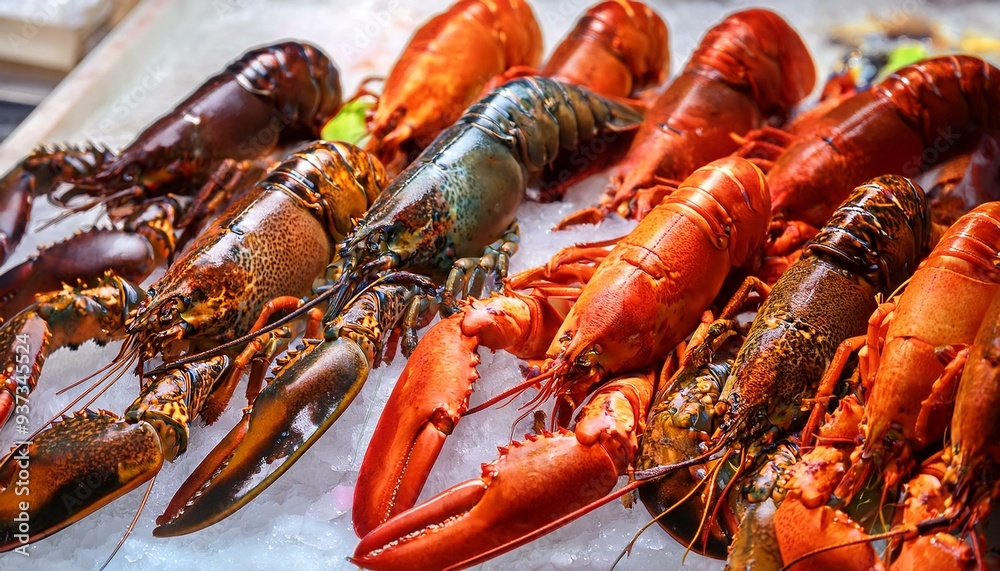 Fresh red lobster on top of ice in the wet seafood market; food photography; fresh seafood in the market; selective focus; blurred background; lobster and seafood in the supermarket