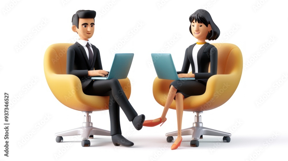 Two cartoon people sitting on chairs with laptops Two cartoon people sitting on chairs with laptops