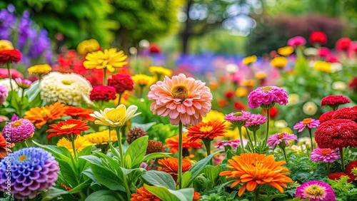 Vibrant colorful flowers blooming in a perfectly arranged isolated flower bed with lush greenery, set against a serene soft-focus background, evoking feelings of peace and tranquility. photo